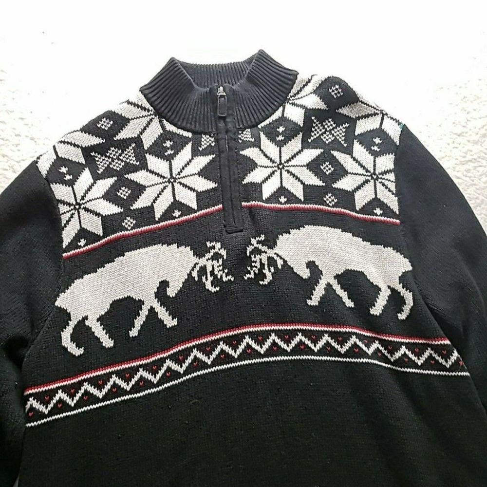 Chaps Sweater Mens Large Black Fair Isle‎ 1/4 Zip Mock Neck Knit Pullover Winter
